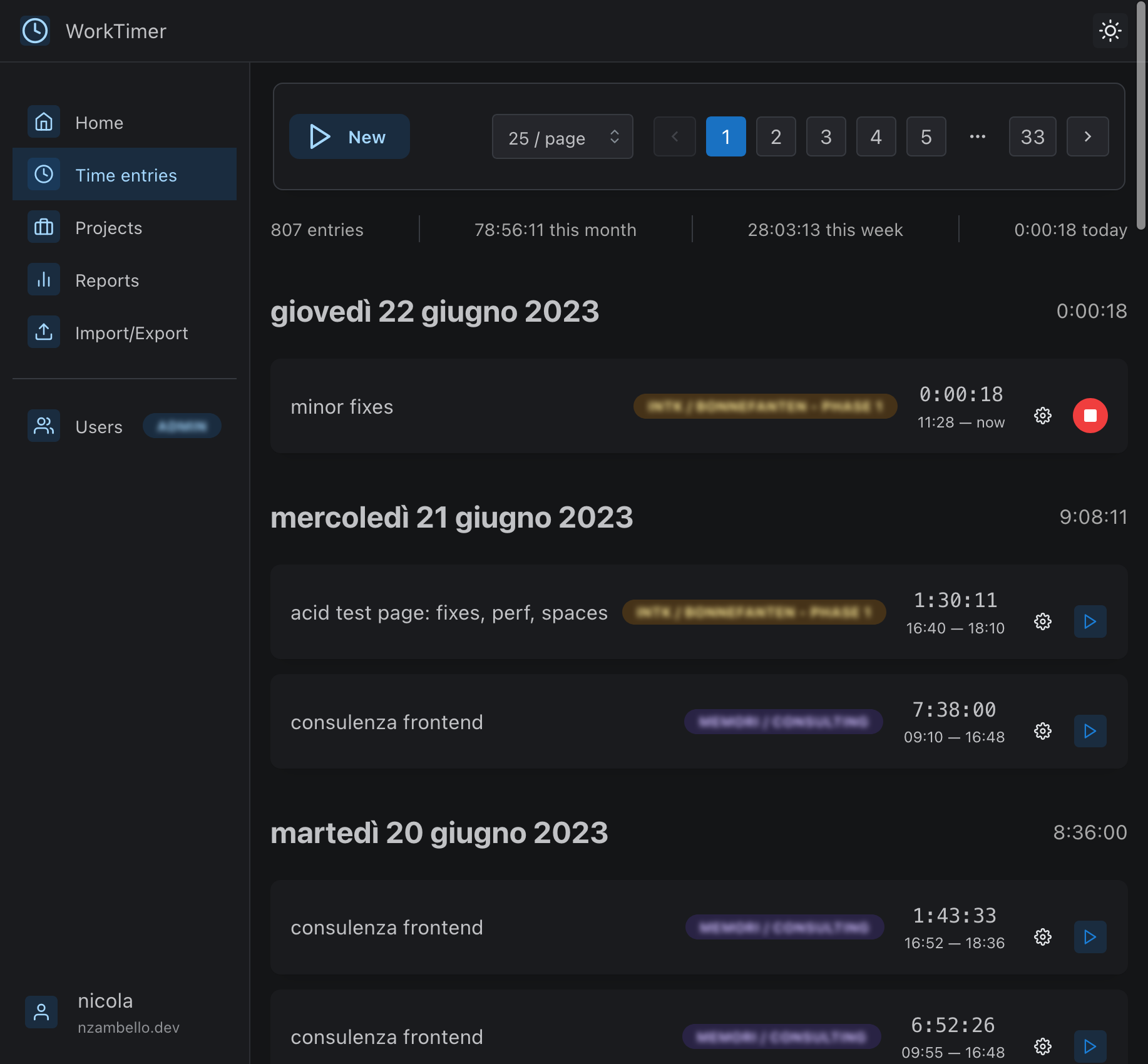 Time entries (dark theme)